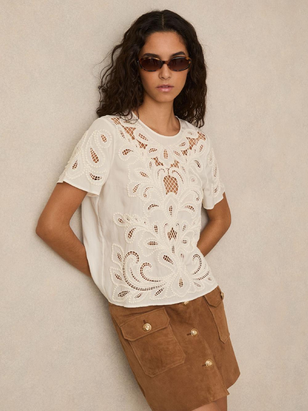 Reiss Floral Cut-Out Embroidery Top In Ivory