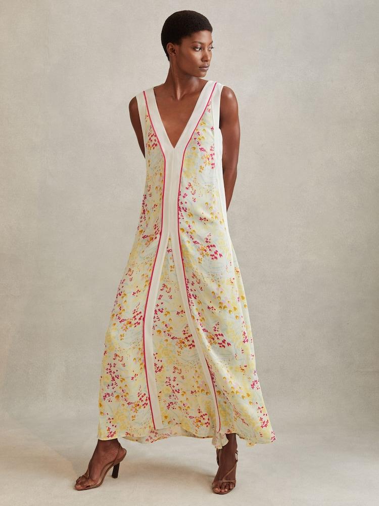 reiss Floral Print Maxi Dress in Pink/Yellow
