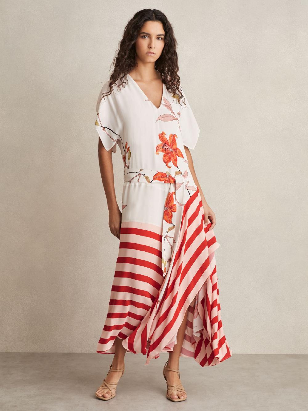 Reiss Floral Stripe-Print Maxi Dress In Ivory/Red