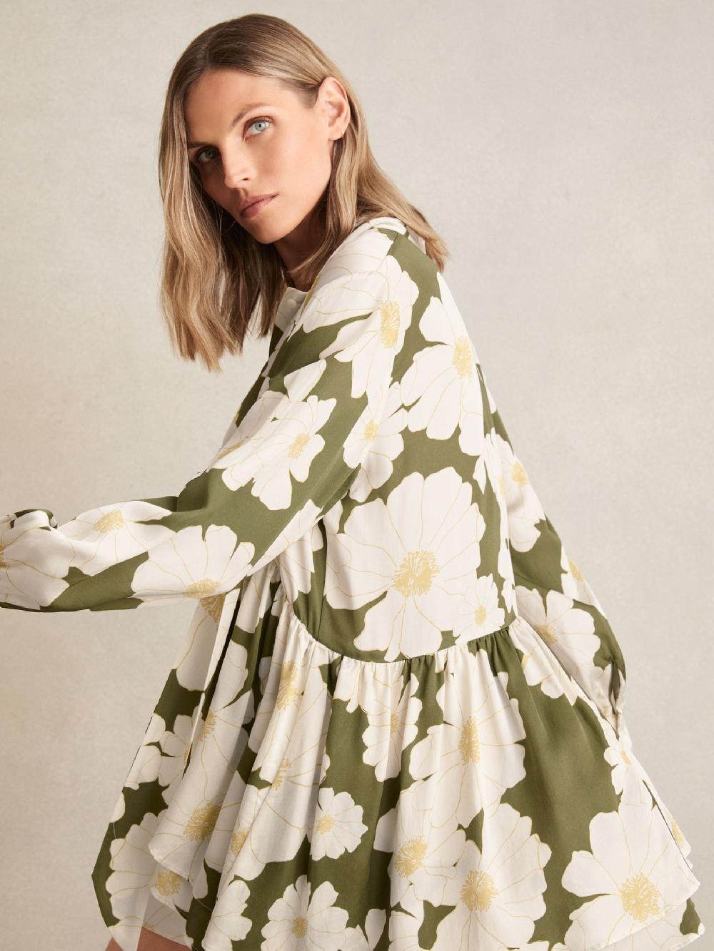 Reiss Floral Tie-Neck Swing Dress In Ivory/Green