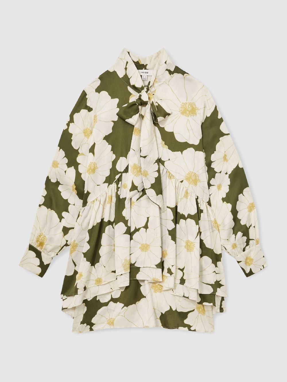 Reiss Floral Tie-Neck Swing Dress In Ivory/Green
