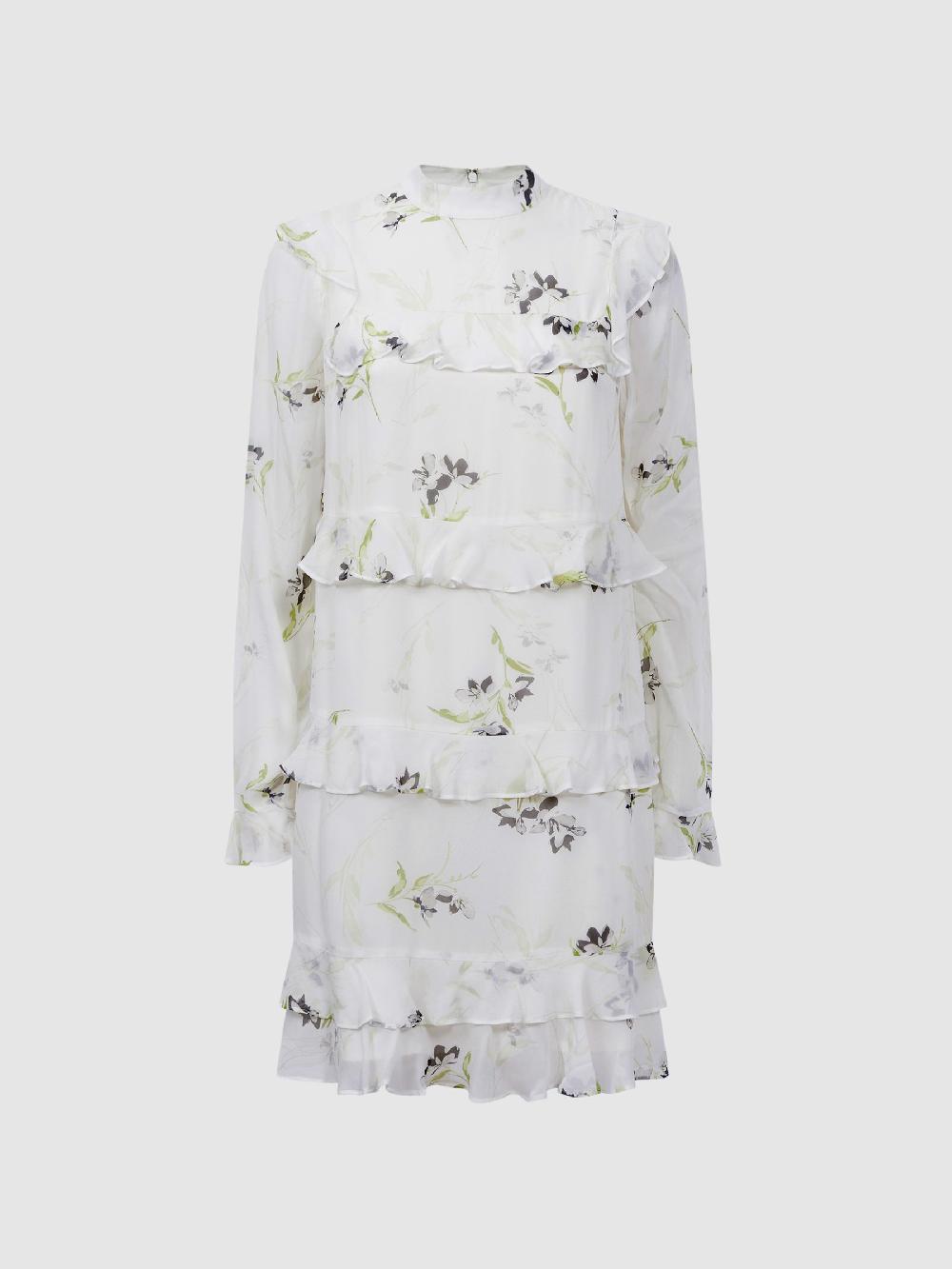 Reiss Florere Floral Tiered Mini Dress In Ivory