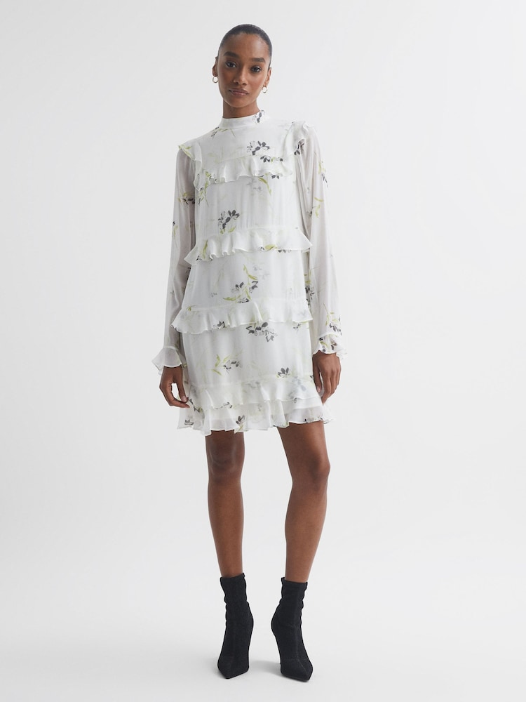 reiss Florere Floral Tiered Mini Dress in Ivory