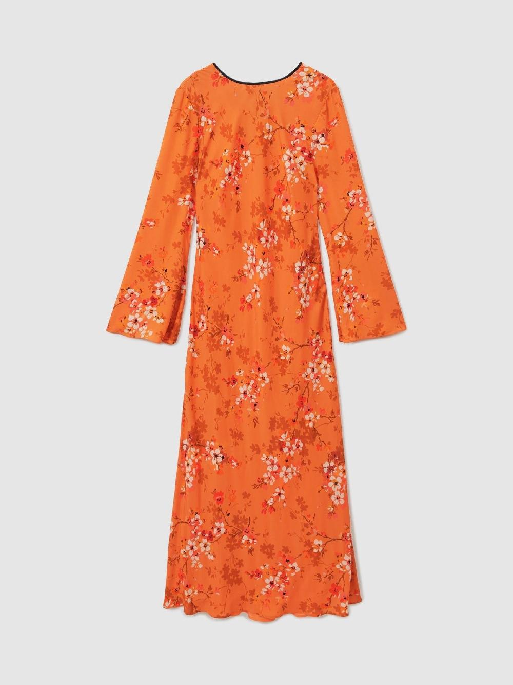 Reiss Florere Flute Sleeve Midi Dress In Orange