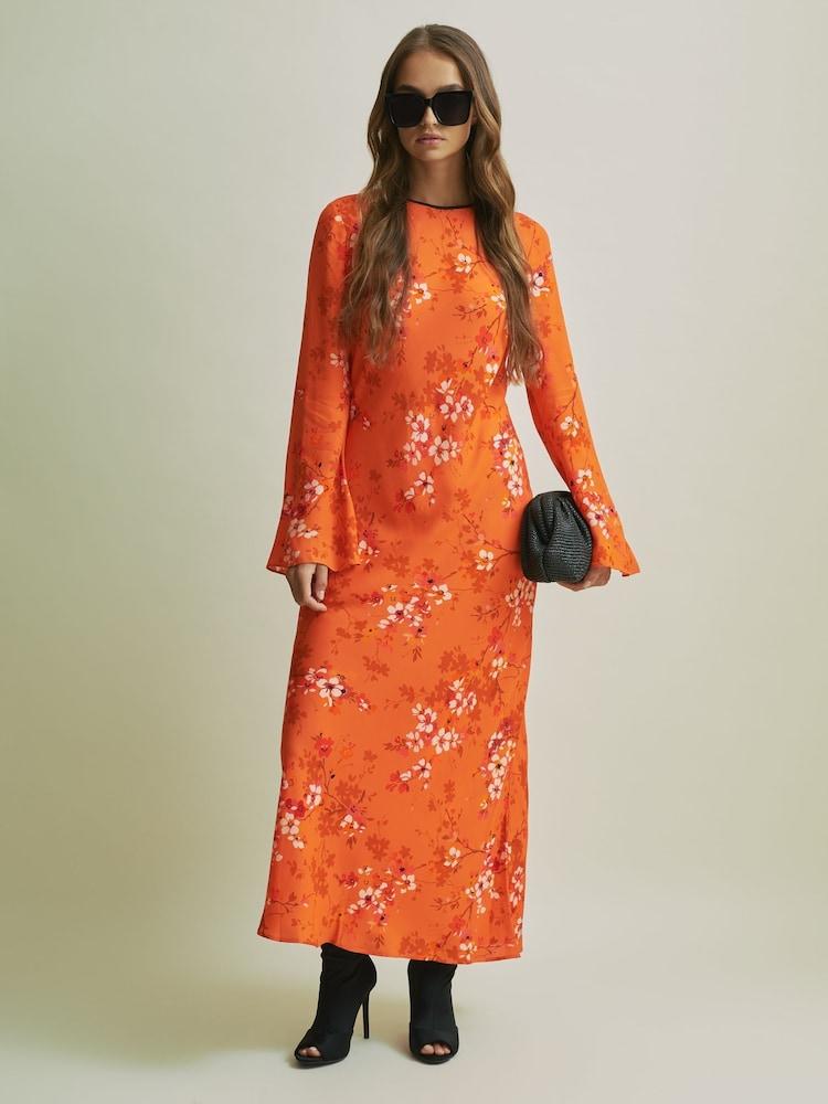 reiss Florere Flute Sleeve Midi Dress in Orange