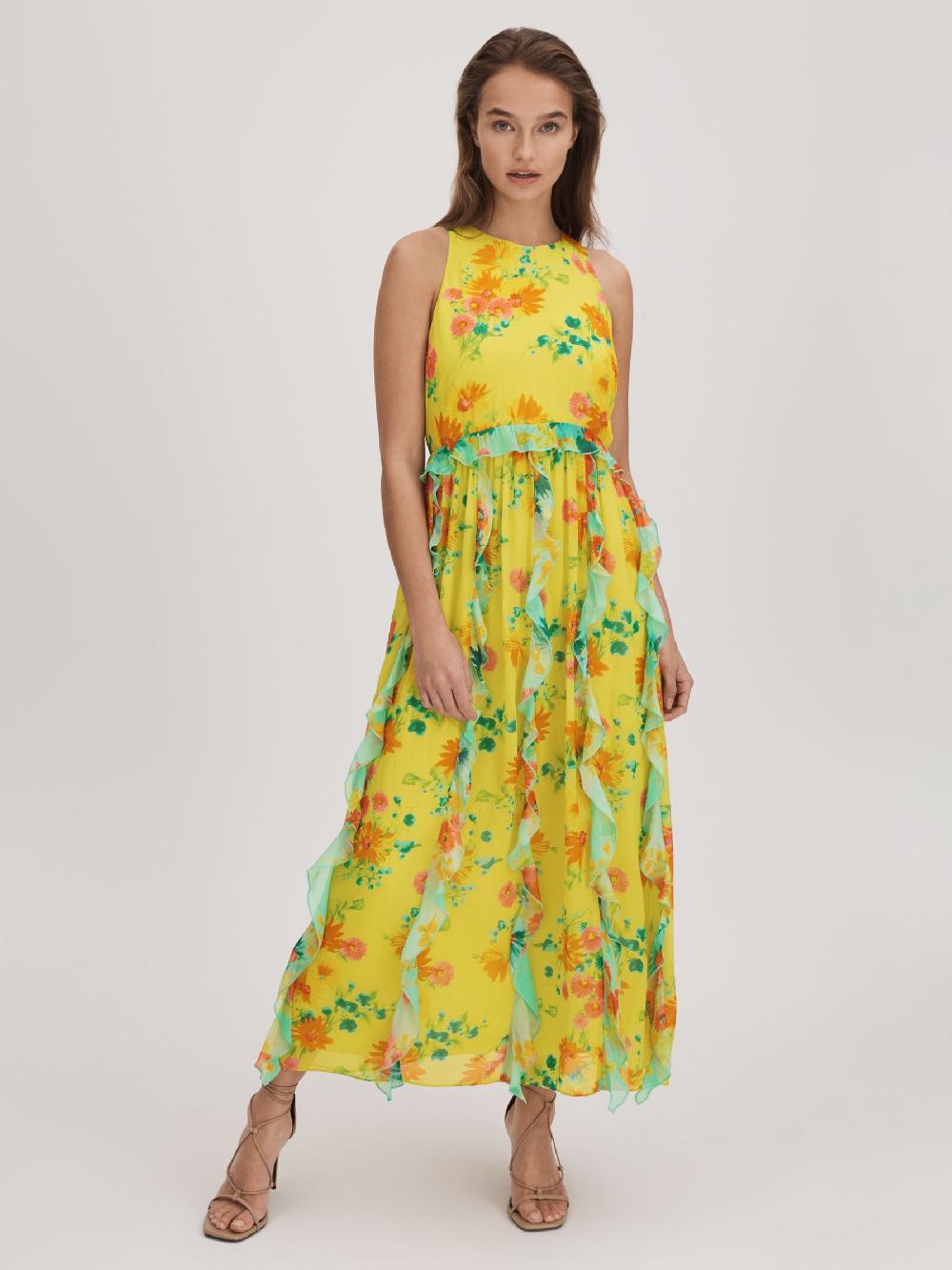 Reiss Florere Printed Ruffle Midi Dress In Lime