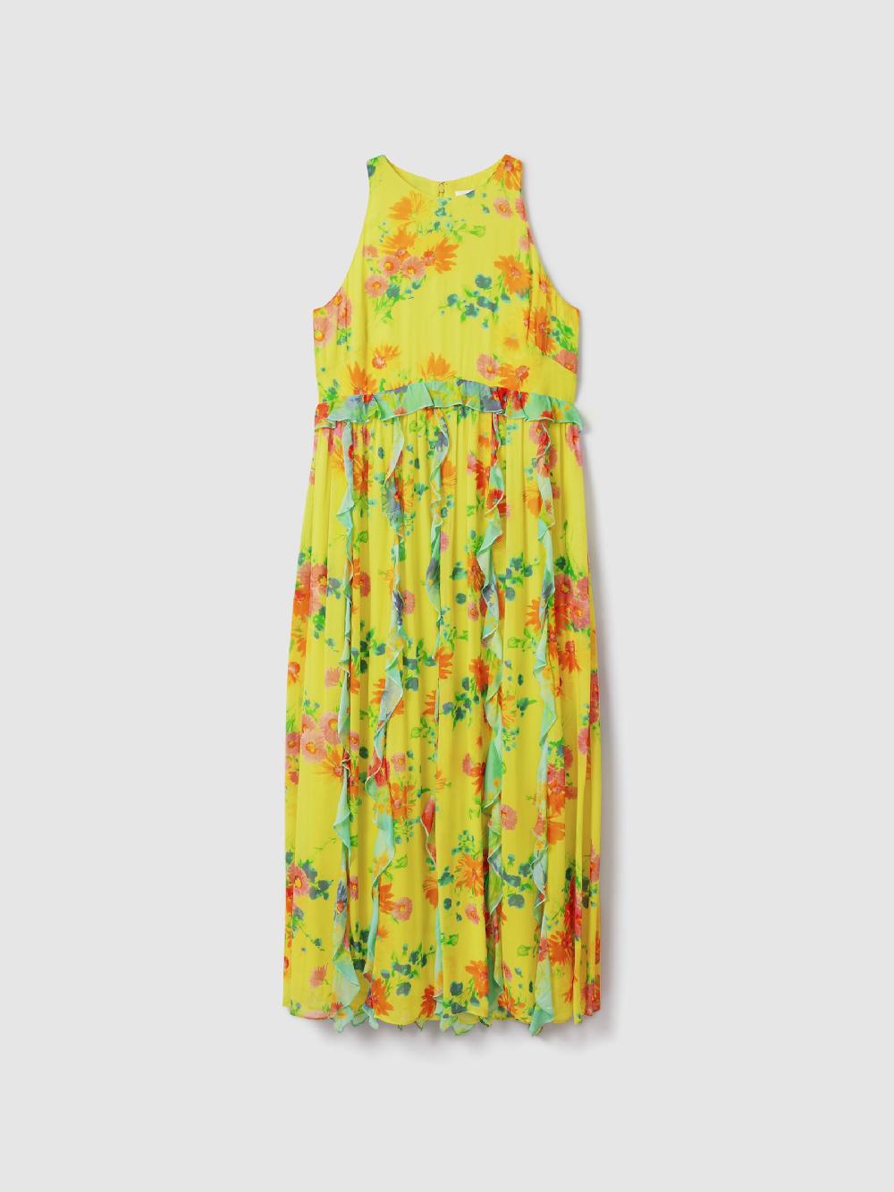 Reiss Florere Printed Ruffle Midi Dress In Lime