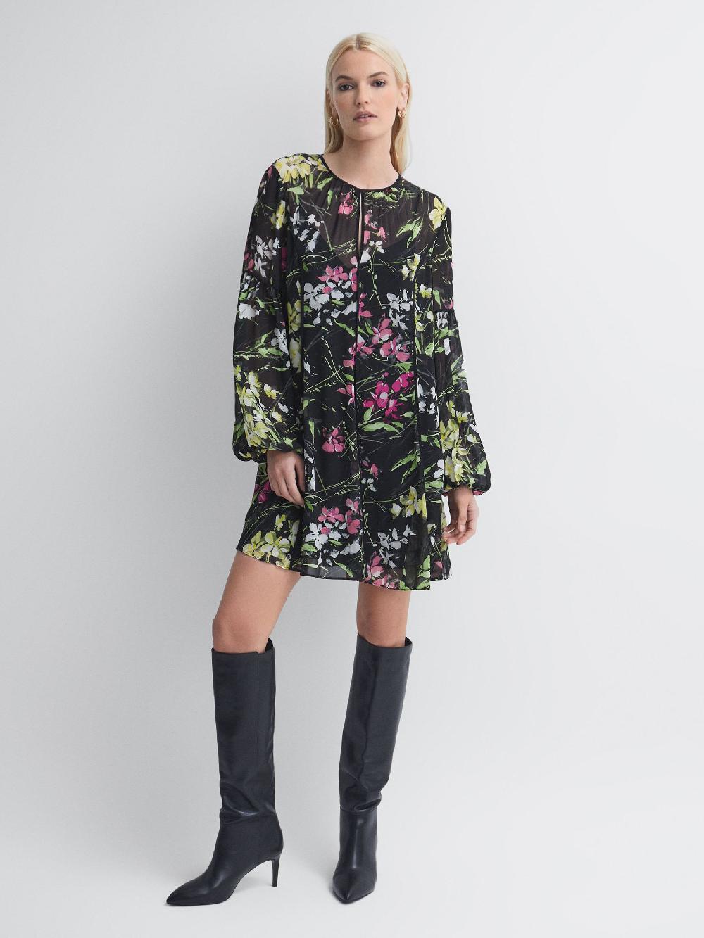 Reiss Florere Sheer Floral Mini Dress In Black