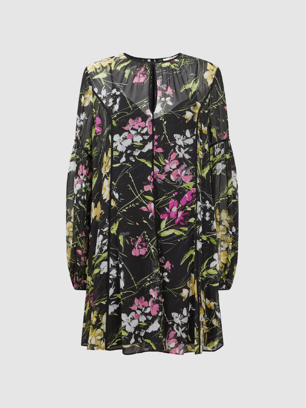 Reiss Florere Sheer Floral Mini Dress In Black