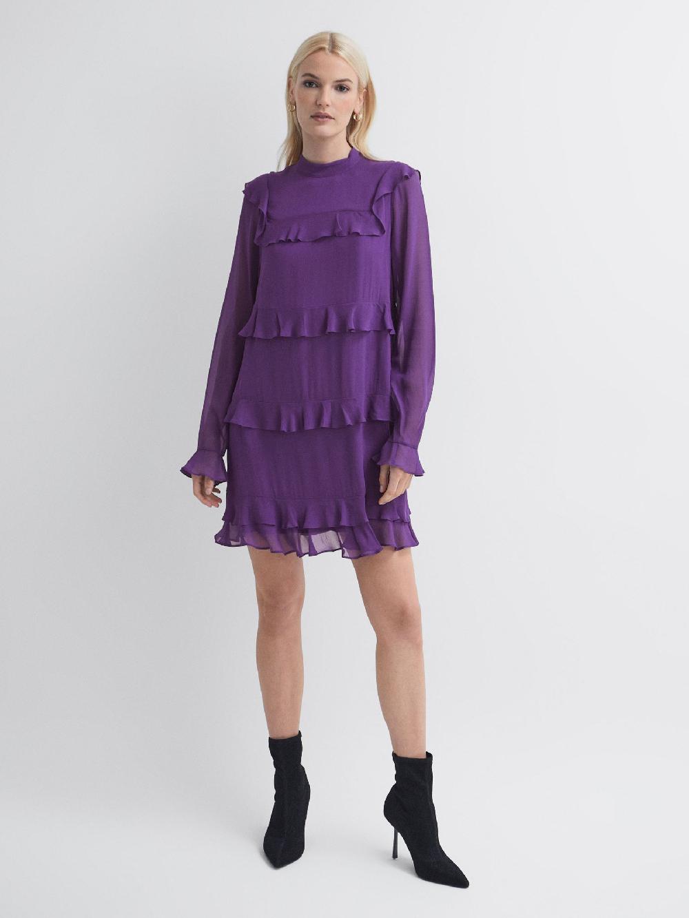 Reiss Florere Tiered Mini Dress In Dark Purple