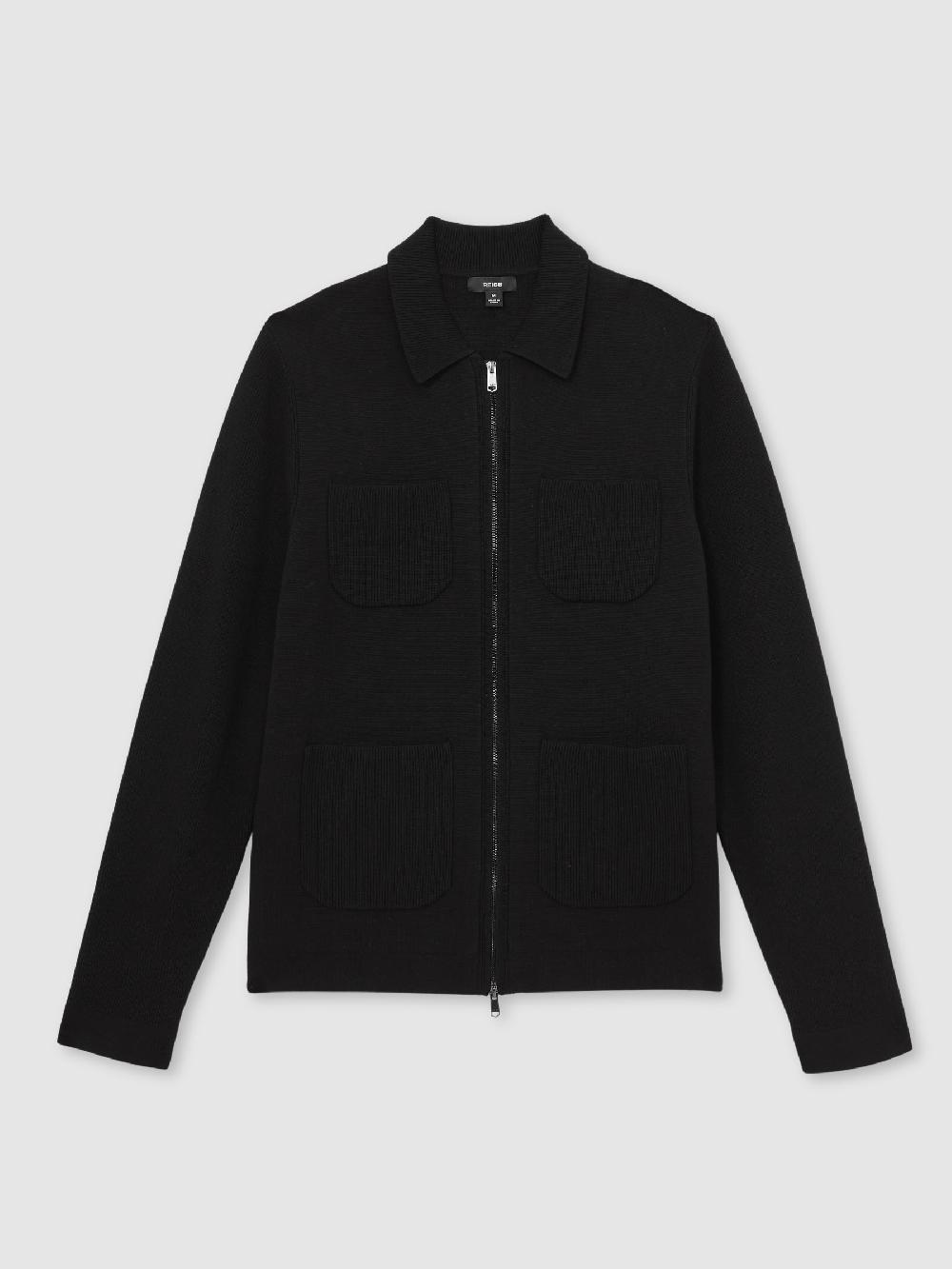 Reiss Four-Pocket Zip-Through Cardigan In Black
