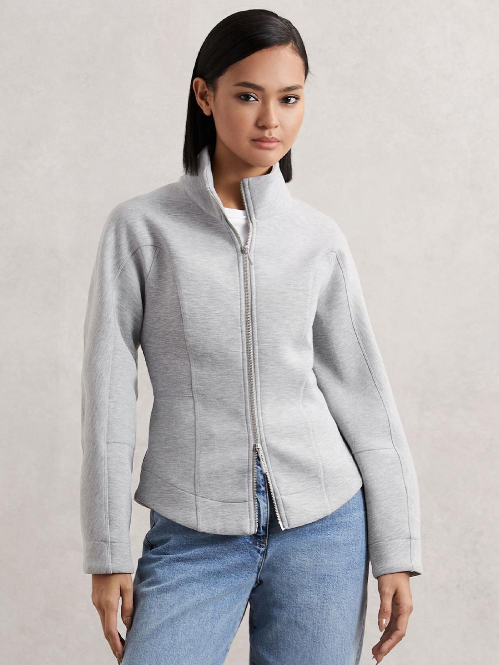 Reiss Funnel-Neck Zip-Through Sweatshirt In Grey