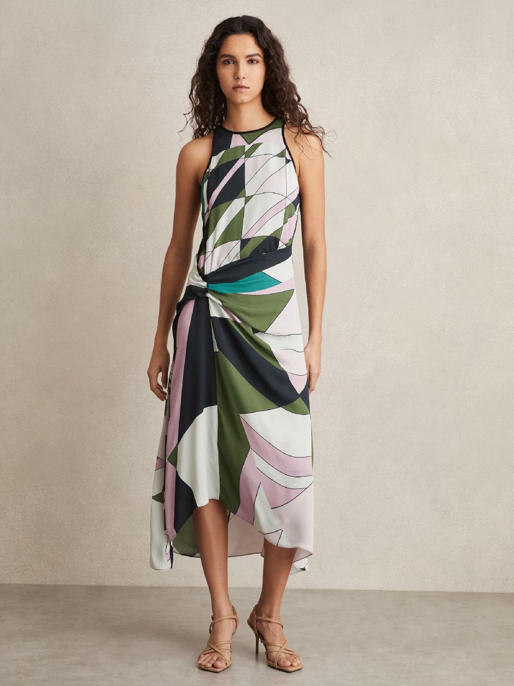 Reiss Geometric-Print Gathered Midi Dress In Green