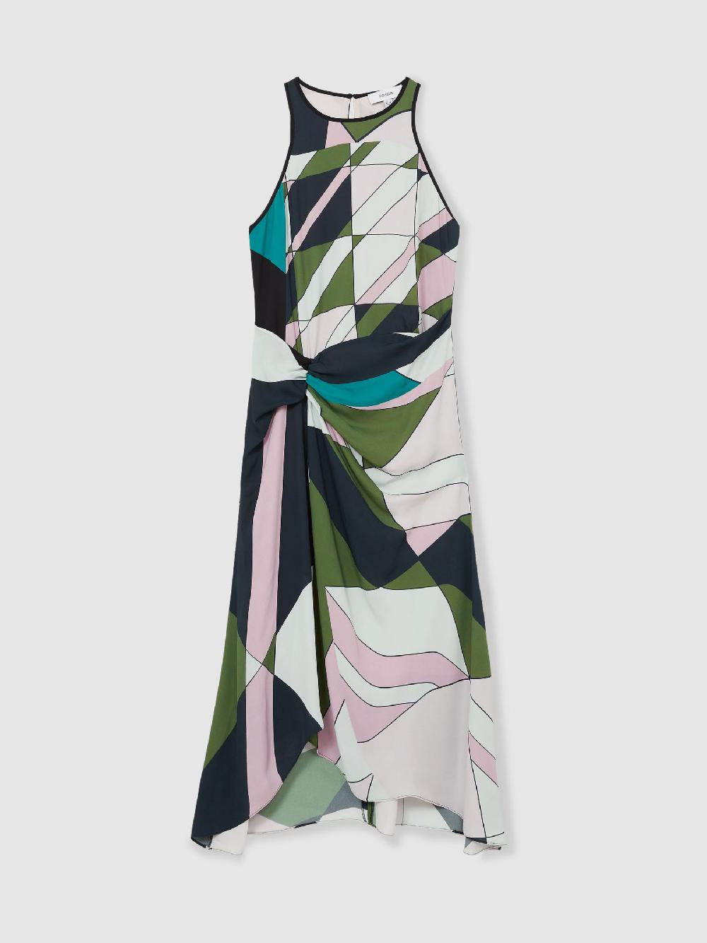 Reiss Geometric-Print Gathered Midi Dress In Green