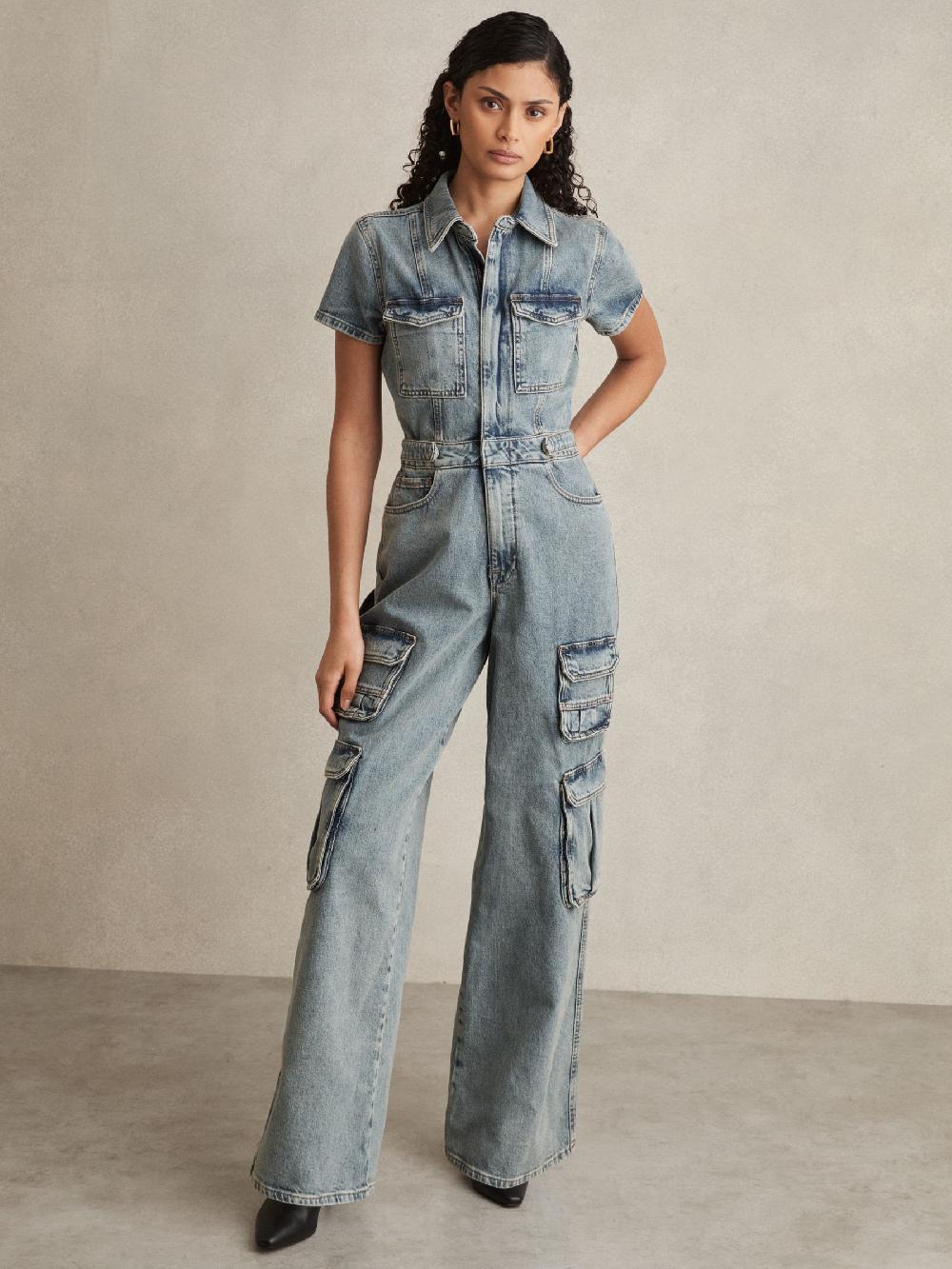 Reiss Good American Denim Cargo Jumpsuit In Indigo