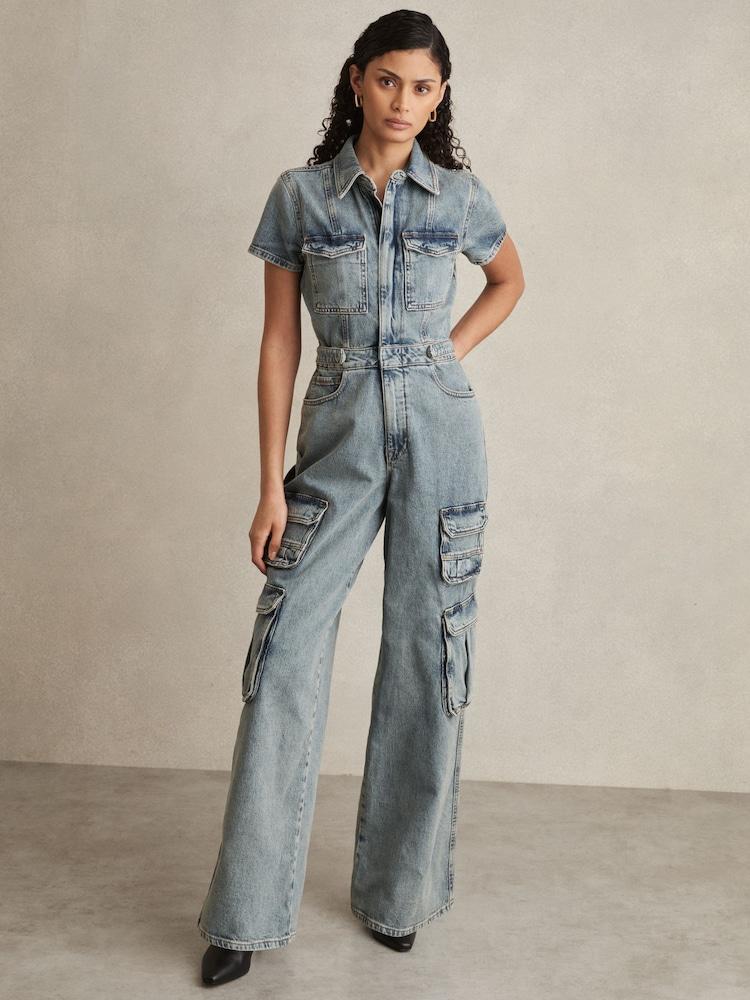 reiss Good American Denim Cargo Jumpsuit in Indigo