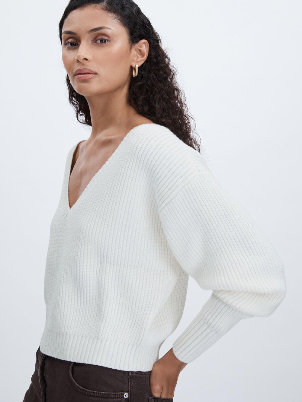 Reiss Good American Ribbed V-Neck Jumper In Ivory