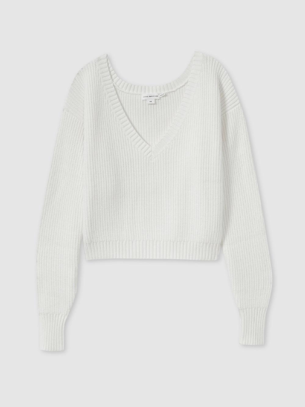 Reiss Good American Ribbed V-Neck Jumper In Ivory