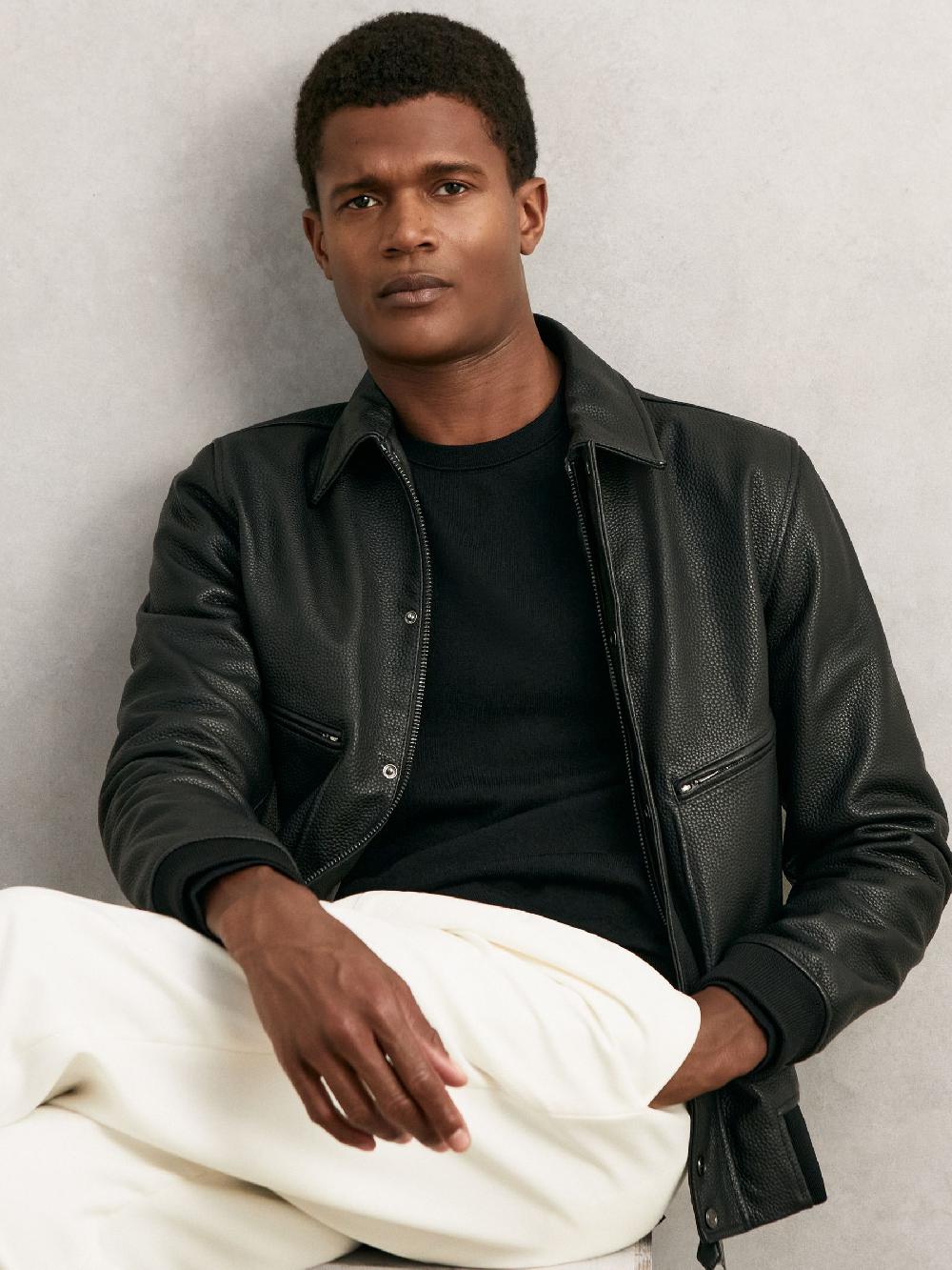 Reiss Grained Leather Zip Through Jacket In Black