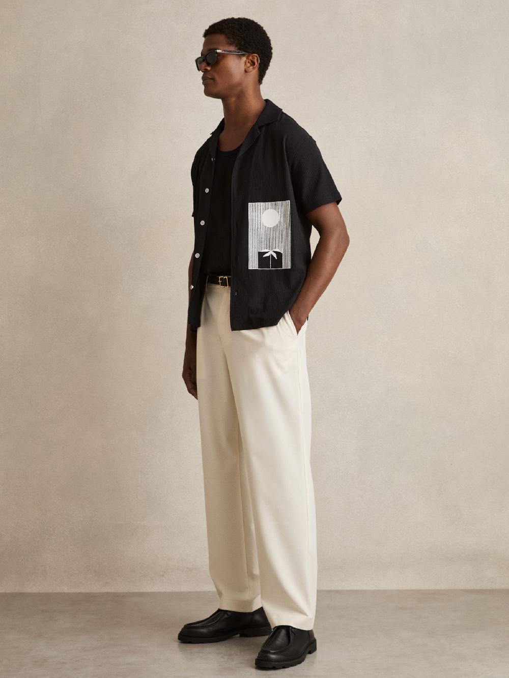 Reiss Graphic Print Cuban-Collar Shirt In Black