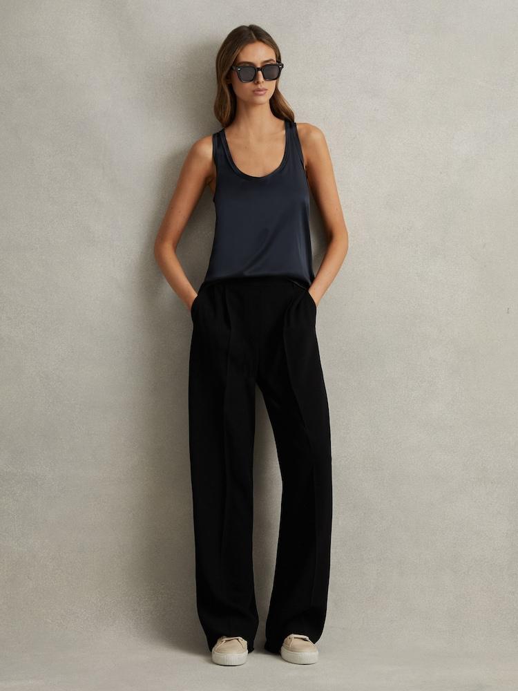 reiss Half-Elasticated Wide Leg Trousers in Black