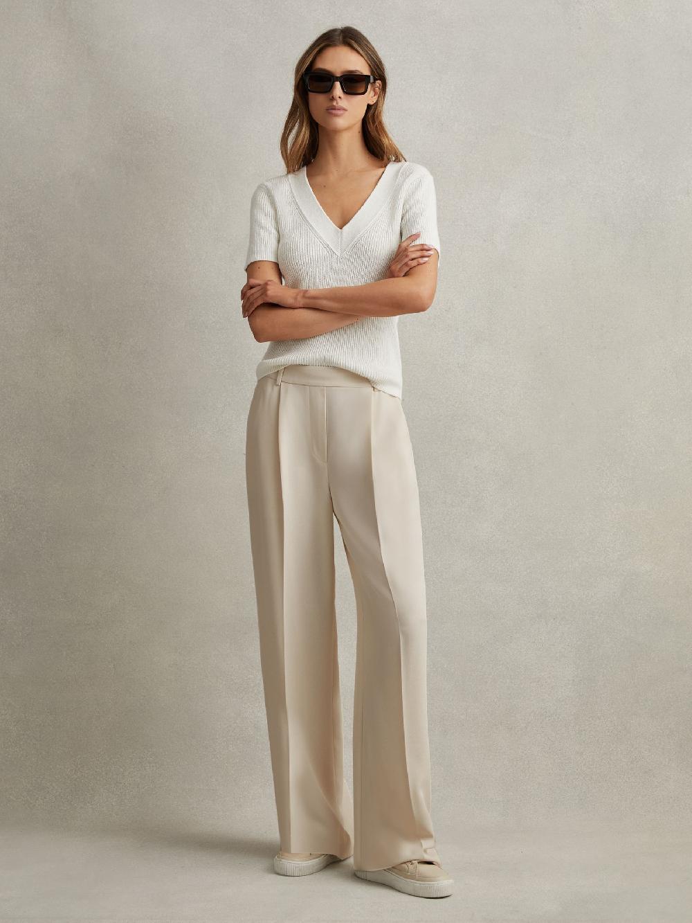 Reiss Half-Elasticated Wide Leg Trousers In Cream