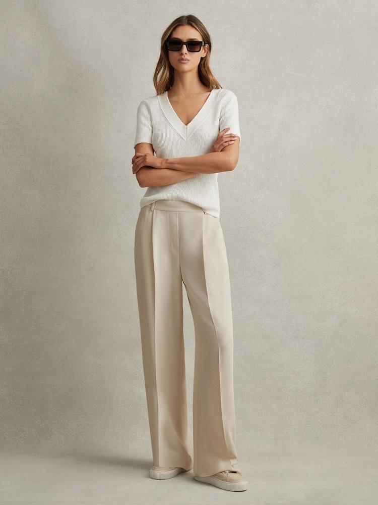 reiss Half-Elasticated Wide Leg Trousers in Cream