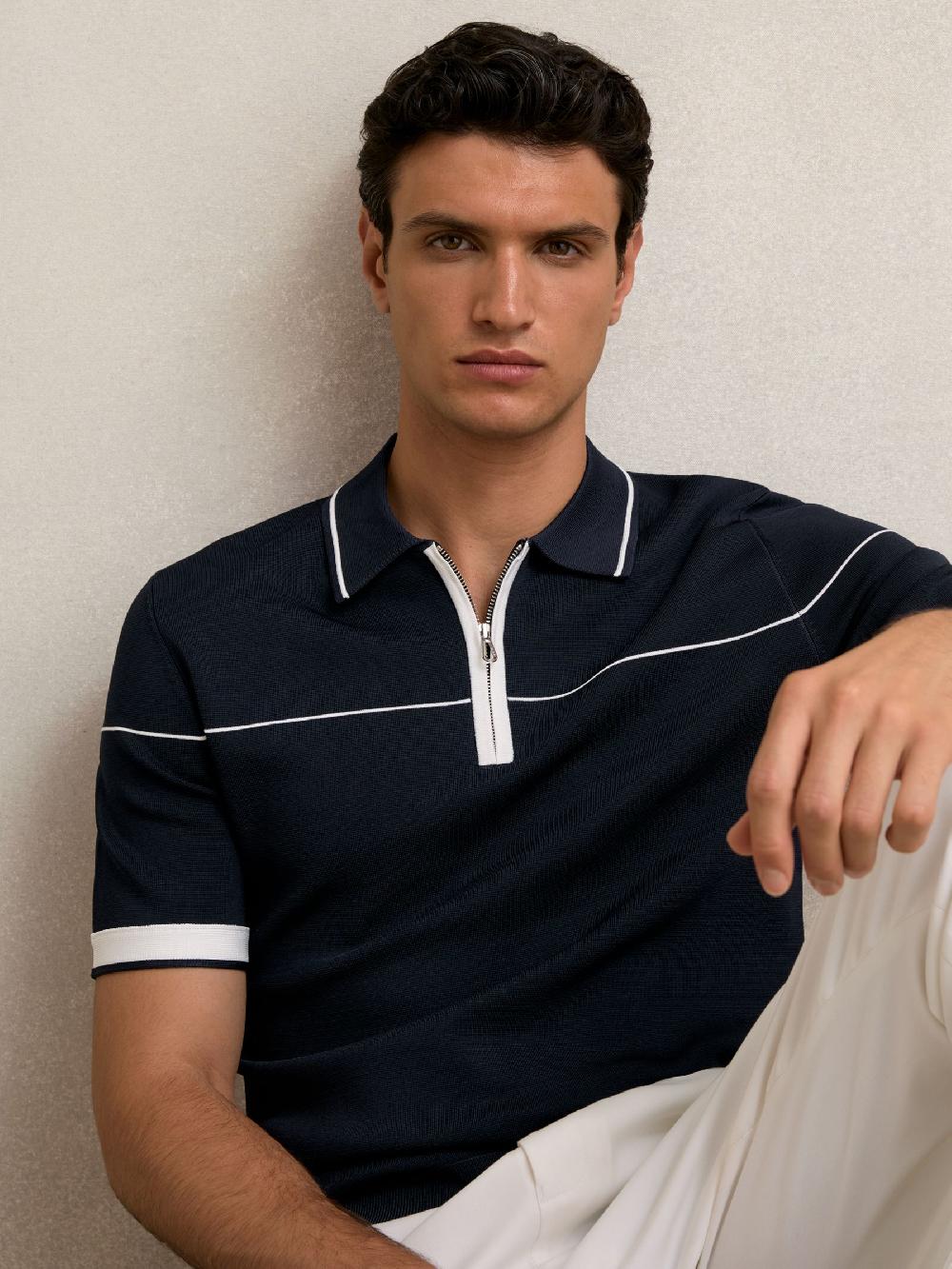 Reiss Half-Zip Tipped Polo Shirt In Navy/White