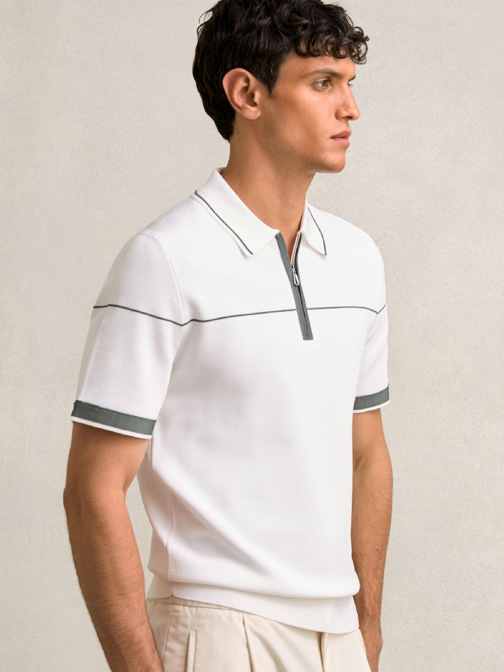Reiss Half-Zip Tipped Polo Shirt In White/Green