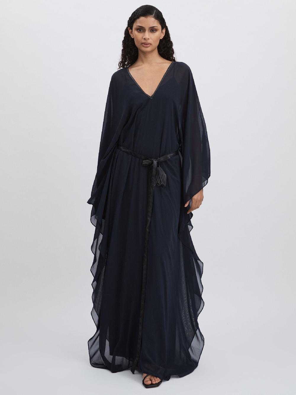 Reiss Halston Bell Sleeve Maxi Dress In Dark Navy