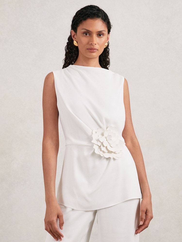 reiss Halston Crepe Wide Leg Jumpsuit in Ivory
