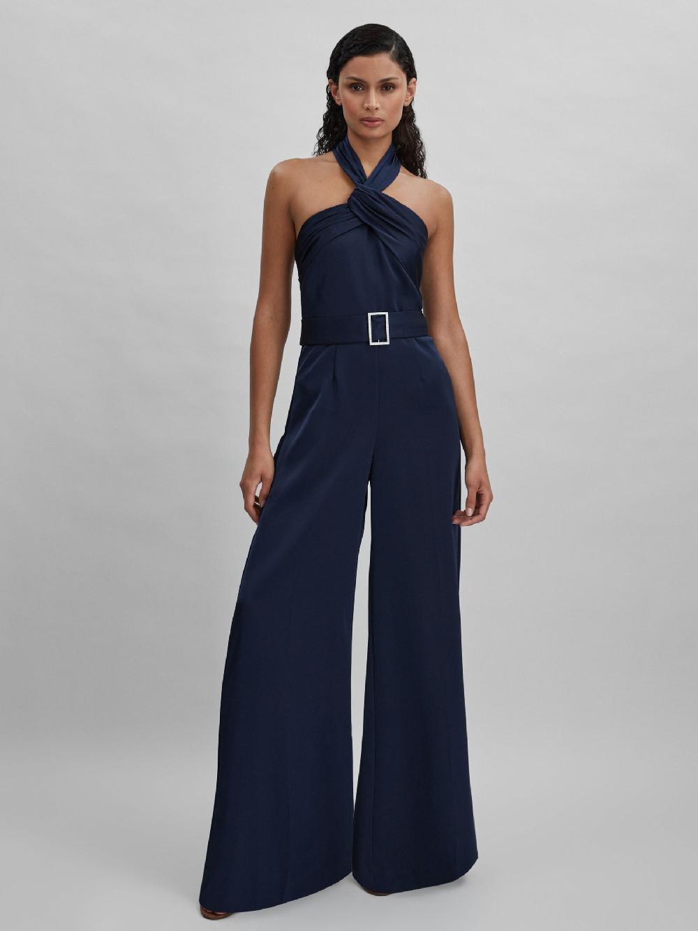 Reiss Halston Satin Halter Neck Jumpsuit In Black