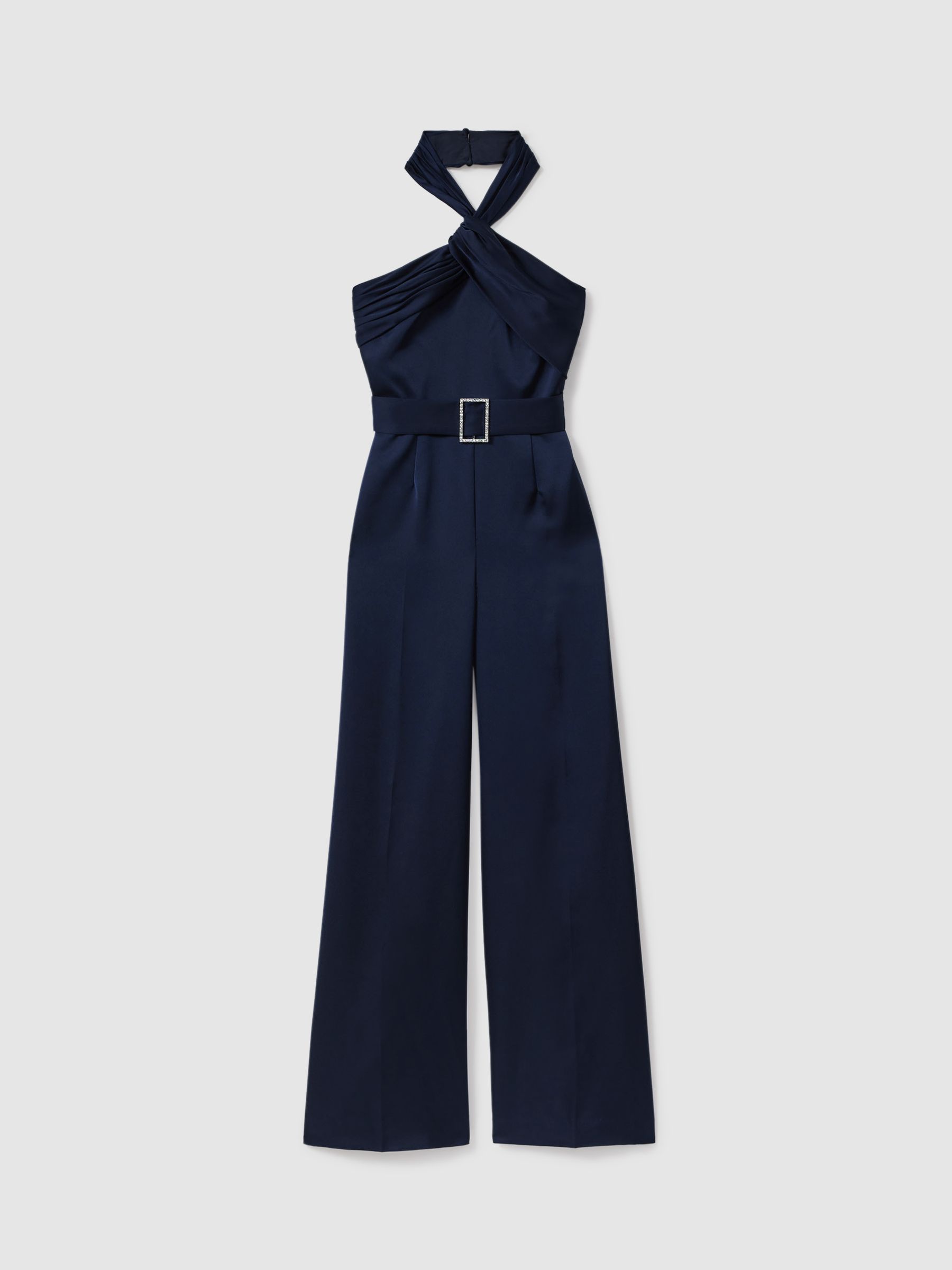 Reiss Halston Satin Halter Neck Jumpsuit In Black