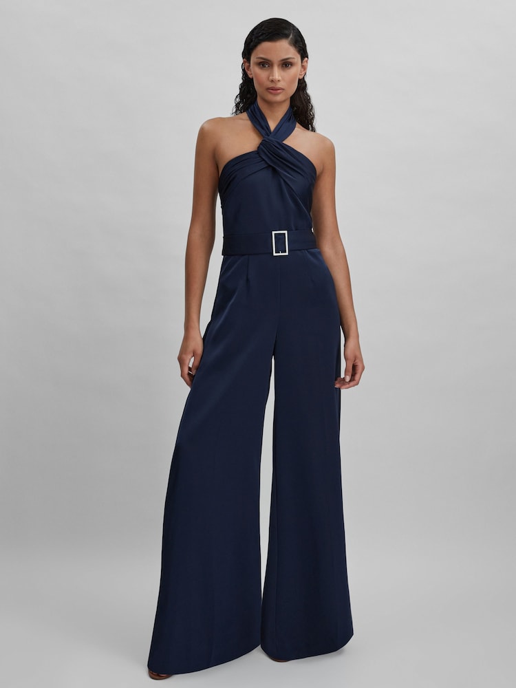 reiss Halston Satin Halter Neck Jumpsuit in Black