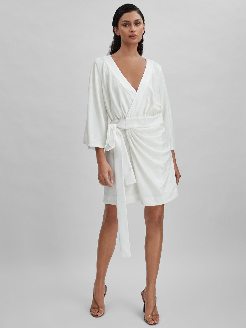 Reiss Halston Sequin Side Tie Mini Dress In Chalk