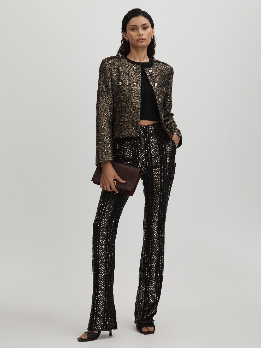 Reiss Halston Striped Sequin Trousers In Black