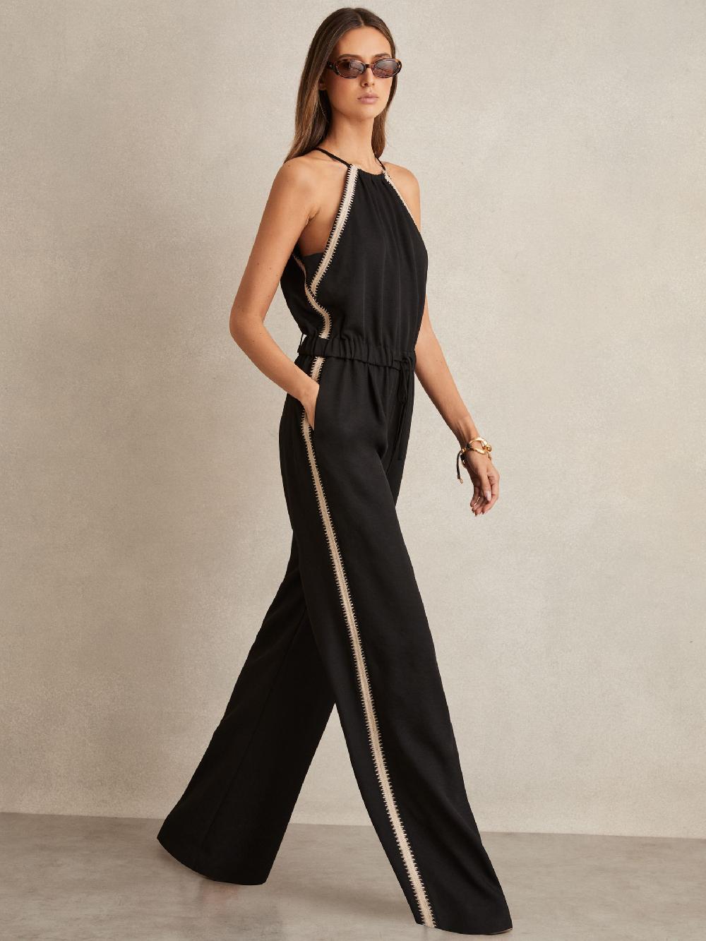 Reiss Halterneck Craft Stitch Jumpsuit In Black