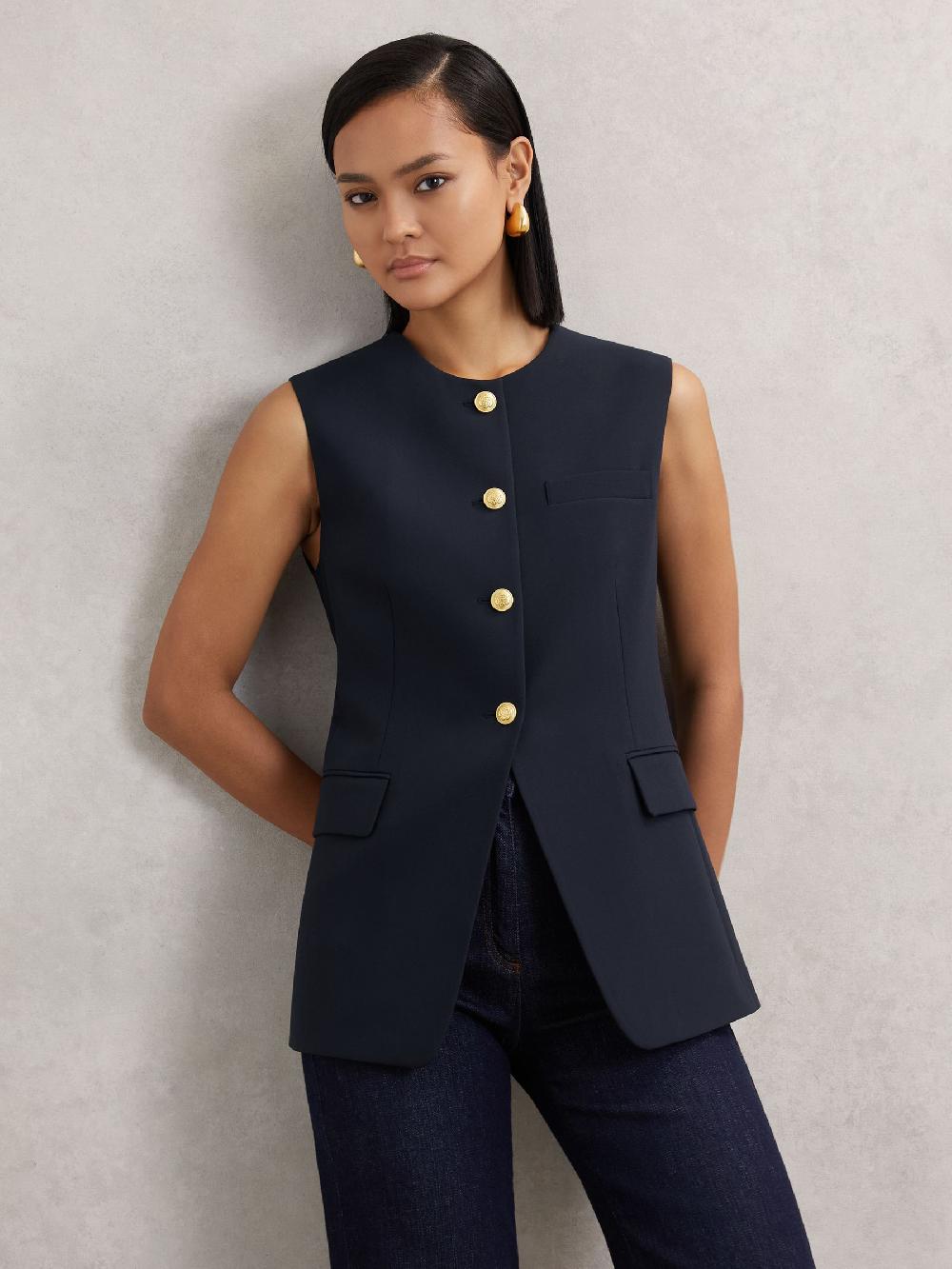 Reiss High-Neck Longline Waistcoat In Navy