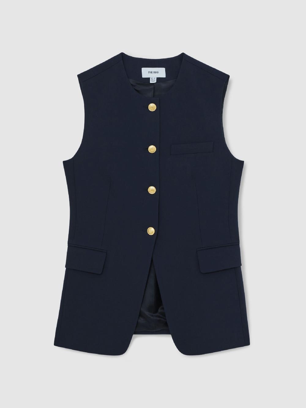 Reiss High-Neck Longline Waistcoat In Navy