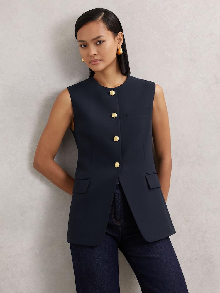reiss High-Neck Longline Waistcoat in Navy