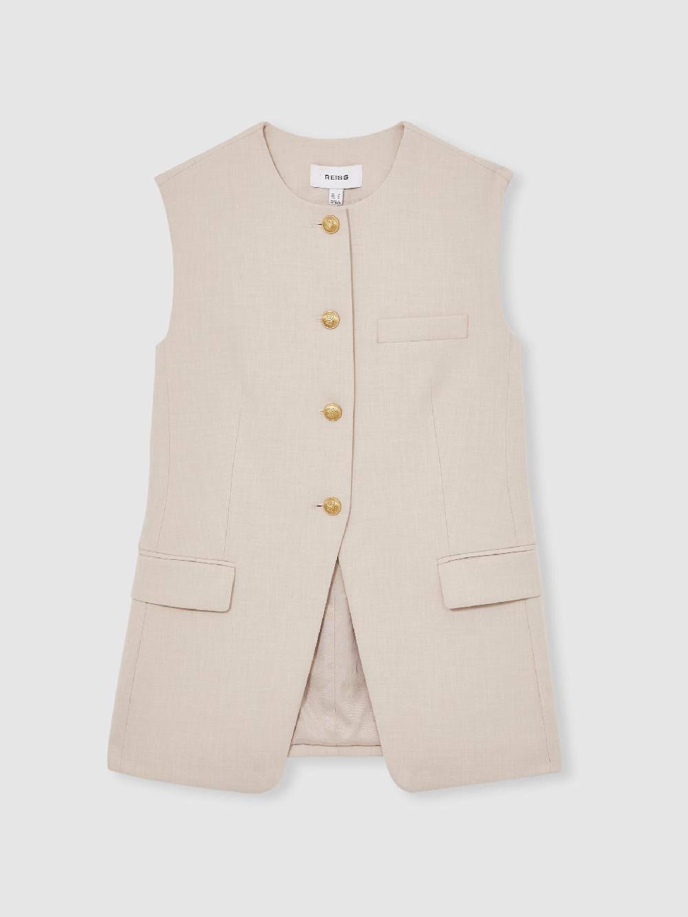 Reiss High-Neck Longline Waistcoat In Neutral