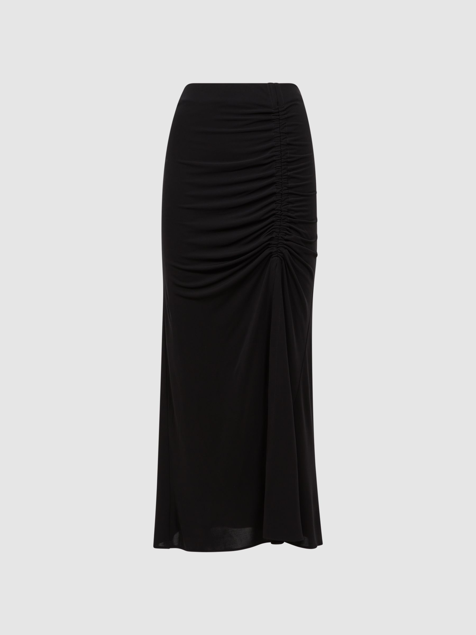 Reiss High Rise Ruched Fitted Midi Skirt In Black