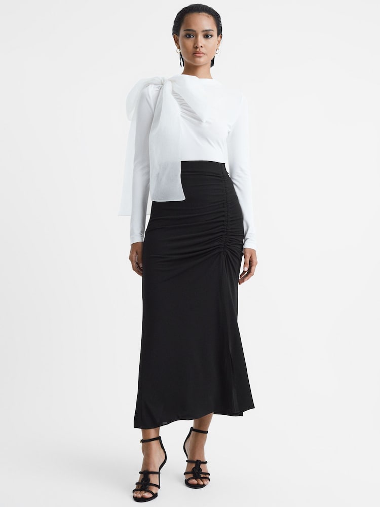 reiss High Rise Ruched Fitted Midi Skirt in Black