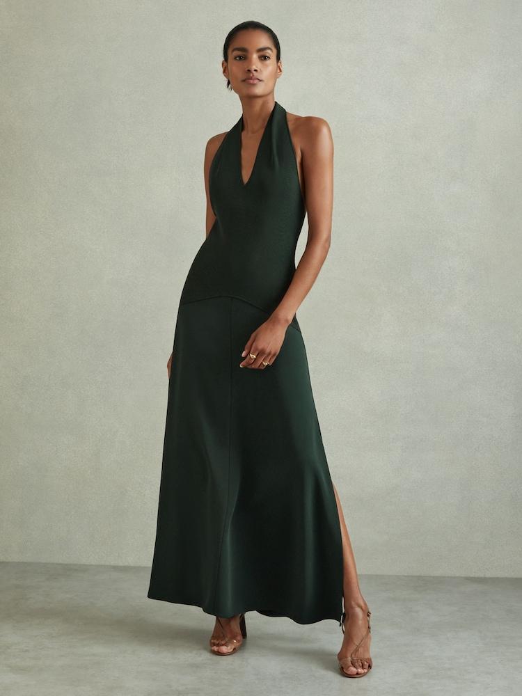 reiss Hybrid Knit Midi Dress in Green