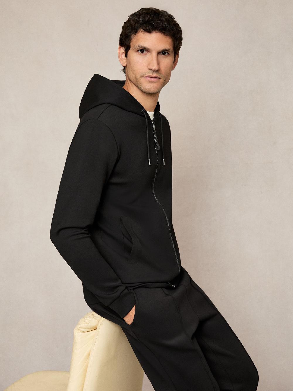 Reiss Interlock Zip-Through Hoodie In Black