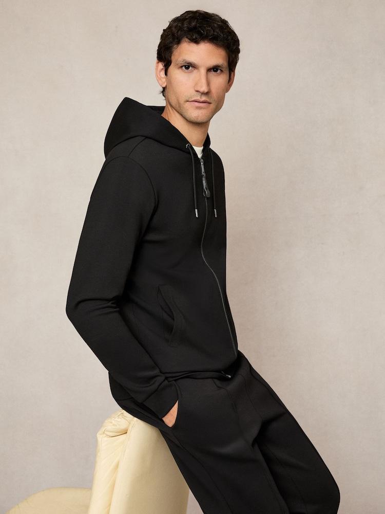 reiss Interlock Zip-Through Hoodie in Black
