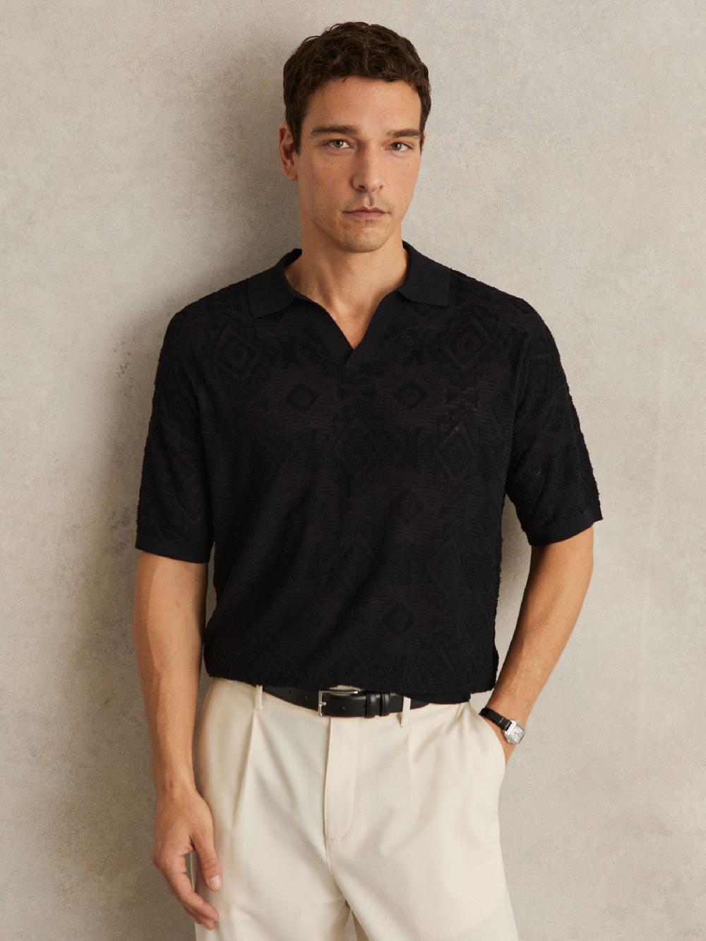 Reiss Jacquard Loop-Stitch Polo Shirt In Navy
