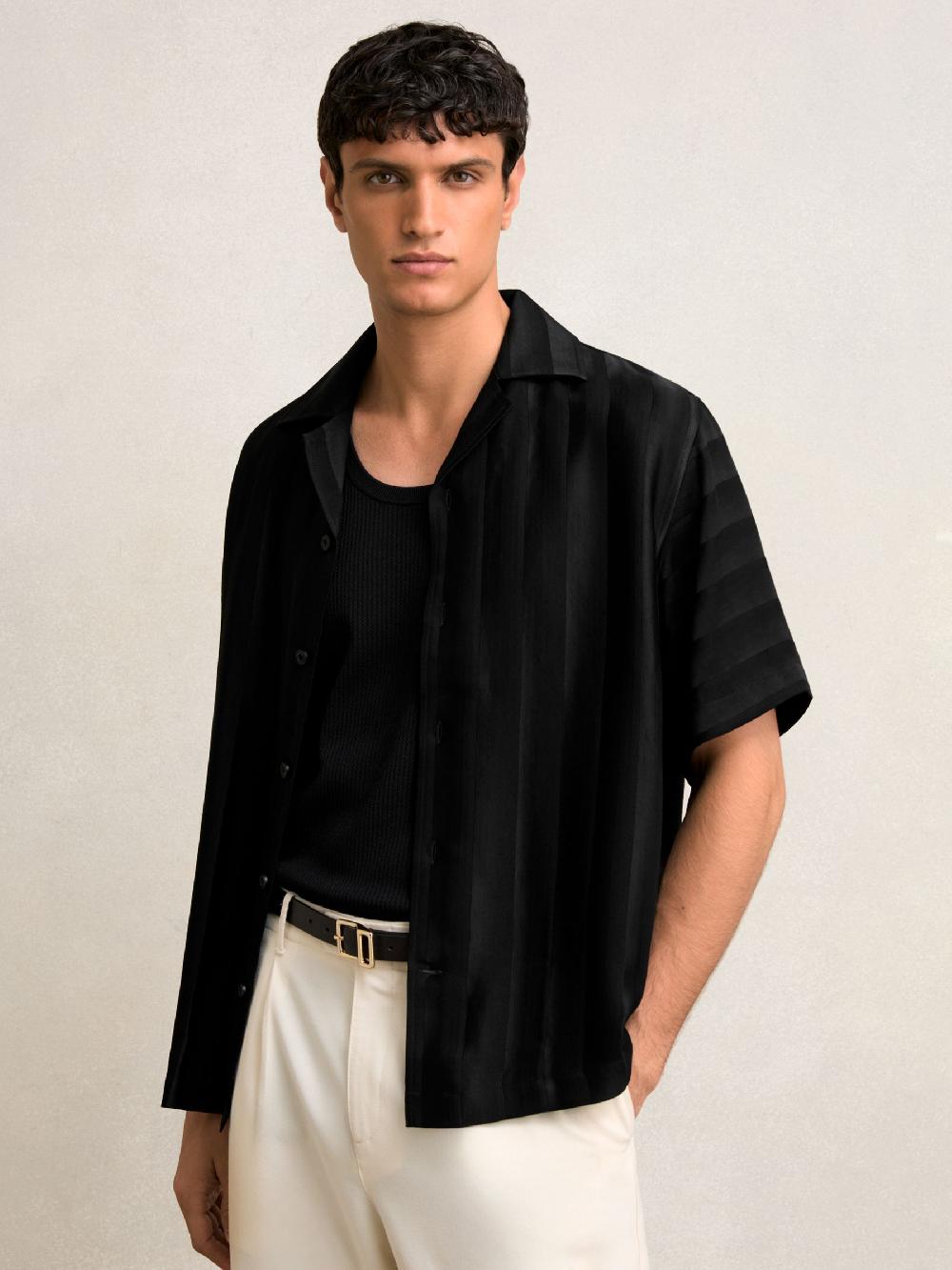 Reiss Jacquard Stripe Cuban Collar Shirt In Black