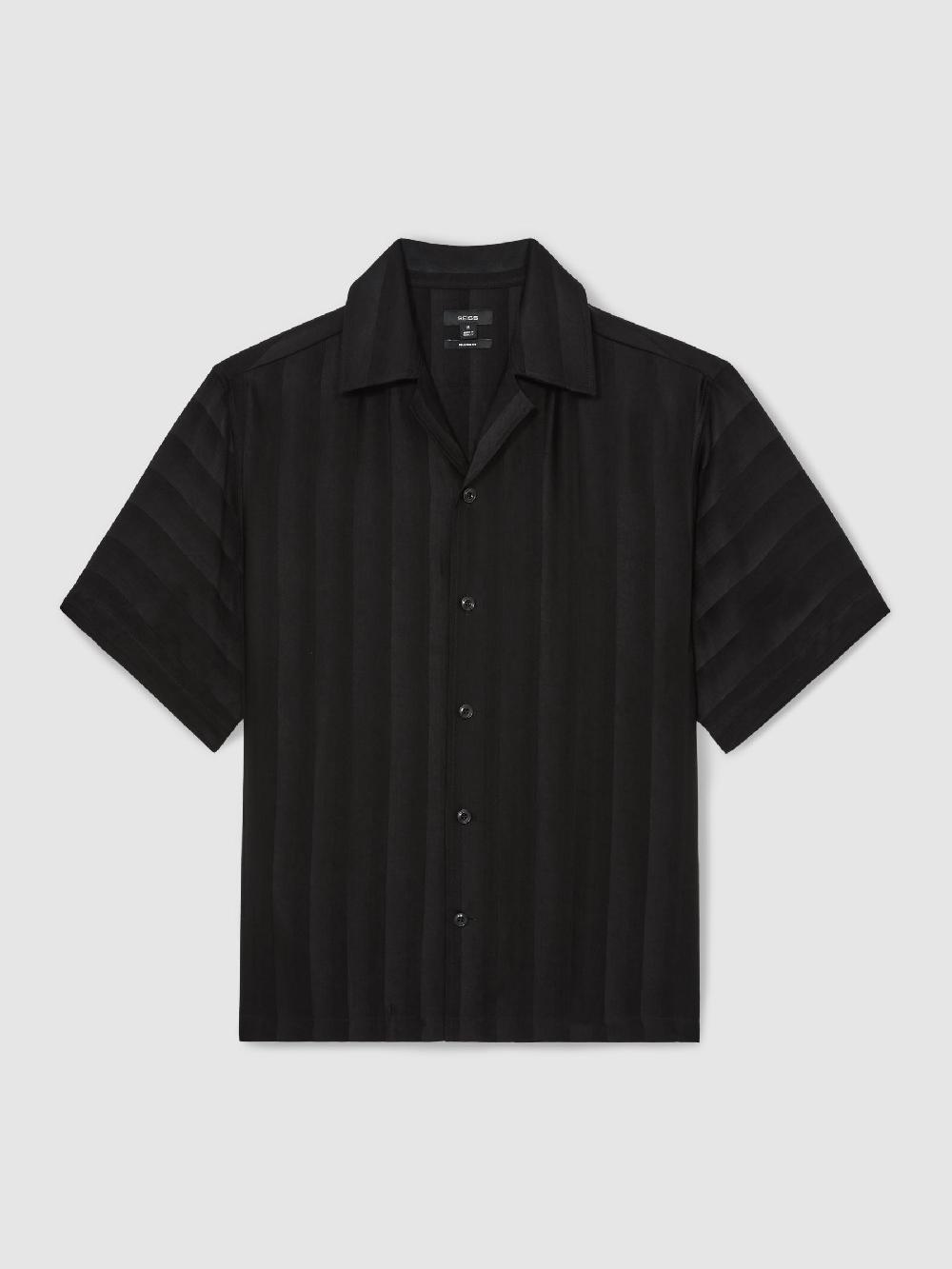 Reiss Jacquard Stripe Cuban Collar Shirt In Black
