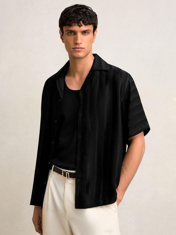 reiss Jacquard Stripe Cuban Collar Shirt in Black